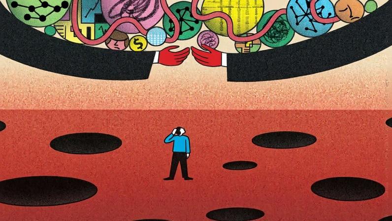 Figura em uma paisagem repleta de buracos observa braços no céu segurando recursos em forma de buraco (Foto: Reprodução)