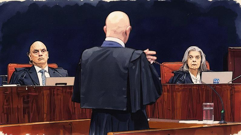 Ministros Alexandre de Moraes e Cármen Lúcia durante o primeiro dia de julgamento da trama golpista (Foto: Reprodução)