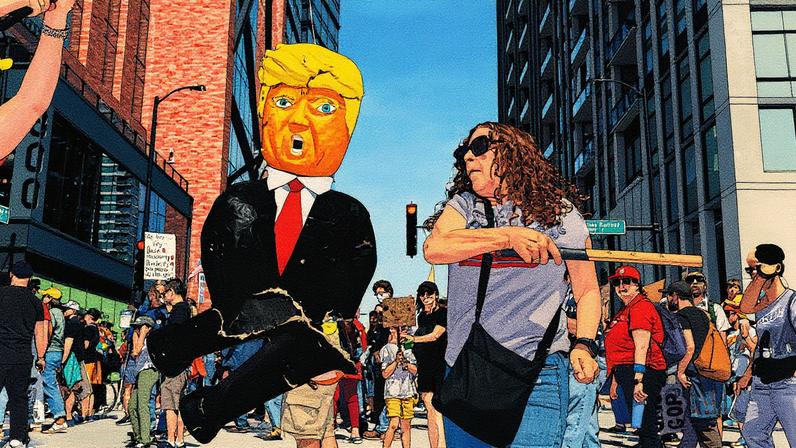 Mulher golpeia boneco de Donald Trump durante protesto em Chicago (Foto: Reprodução)