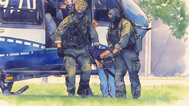 Homem acusado de ataque com faca é escoltado por policiais após desembarque de helicóptero em Karlsruhe, Alemanha (Foto: Reprodução)