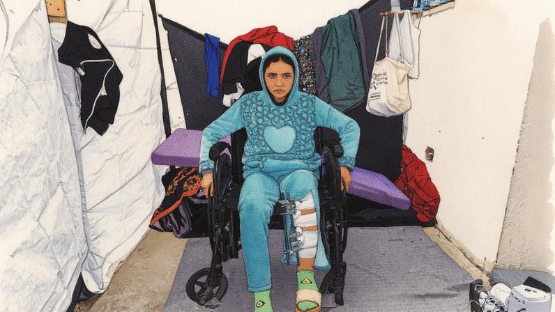 Menina de 13 anos sentada em uma cadeira de rodas devido a uma lesão na perna, em Khan Yunis, sul de Gaza (Foto: Reprodução)