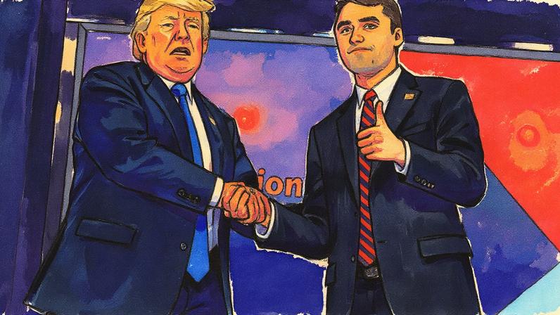Presidente Donald Trump aperta a mão do moderador Charlie Kirk durante um fórum na Casa Branca (Foto: Reprodução)