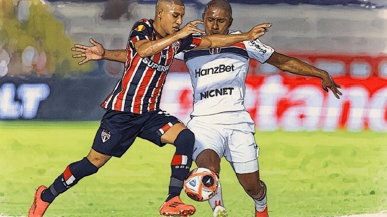 Henrique Carmo, do São Paulo, e Toró, do Botafogo-SP, disputam bola (Foto: Reprodução)