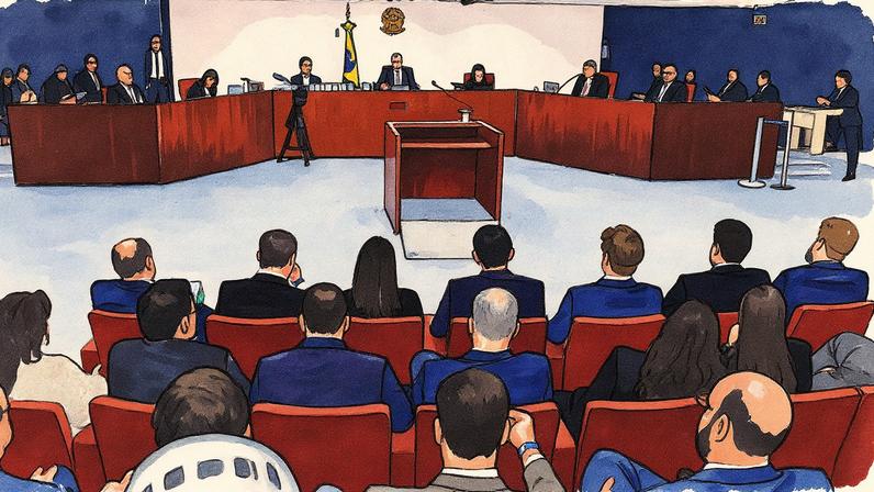 Primeira Turma do STF no início do julgamento sobre a trama golpista de 2022 (Foto: Reprodução)