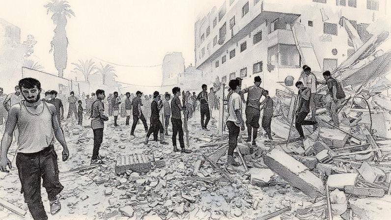 Palestinos inspecionam os destroços de um prédio após um ataque militar israelense na Cidade de Gaza (Foto: Reprodução)