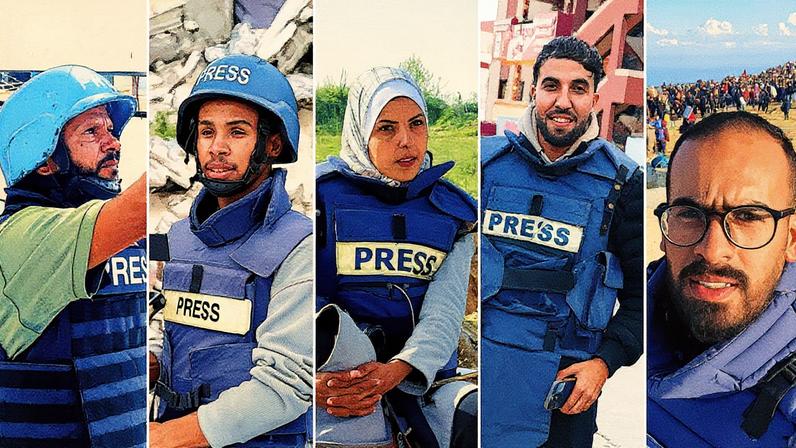 Grupo de pessoas posando para a foto, da esquerda para a direita: Hussam al Masri, Mohammad Salama, Mariam Abu Dagga, Moaz Abu Taha e Ahmed Abu Aziz (Foto: Reprodução)