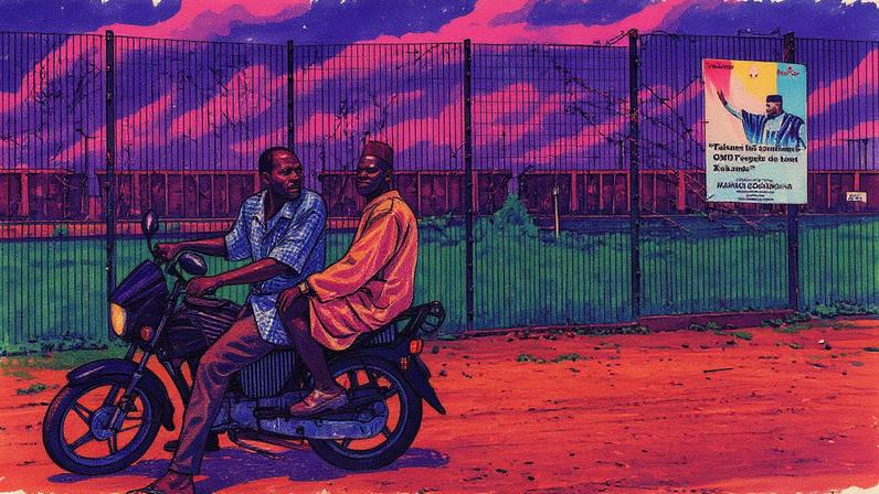 Guineanos em moto na cidade de Kamsar, ao lado das vias do trem que transporta bauxita até o porto (Foto: Reprodução)
