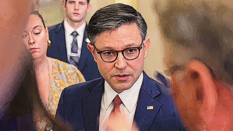 O presidente da Câmara dos EUA, Mike Johnson, fala com repórteres do lado de fora de seu escritório no Capitólio em Washington, D.C. (Foto: Reprodução)