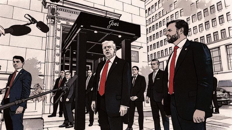 Presidente dos Estados Unidos, Donald Trump, ao lado de J. D. Vance, Pete Hegseth e Marco Rubio, em frente a um restaurante próximo à Casa Branca em Washington (Foto: Reprodução)