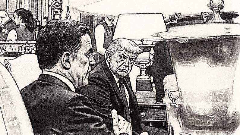 Donald Trump observa o secretário geral da OTAN, Mark Rutte, durante encontro na Casa Branca em julho (Foto: Reprodução)