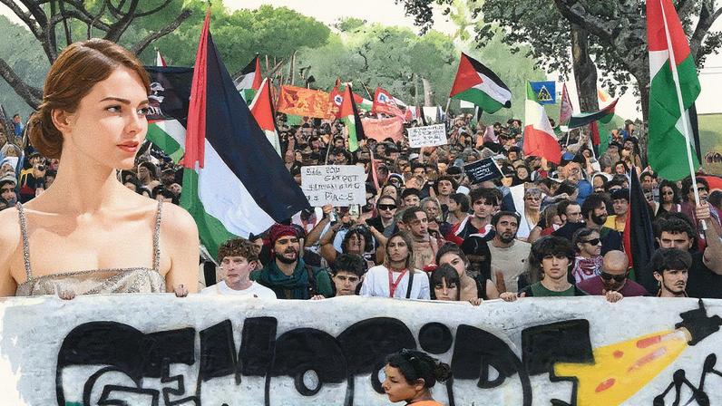 Emma Stone e o diretor Yorgos Lanthimos em meio a protestos em Veneza contra a guerra em Gaza (Foto: Reprodução)