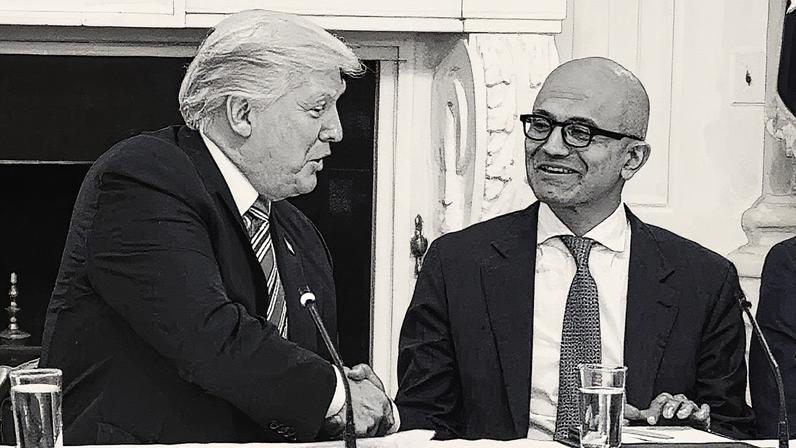 Presidente Donald Trump aperta as mãos do CEO da Microsoft, Satya Nadella, durante uma reunião do American Technology Council na Casa Branca (Foto: Reprodução)