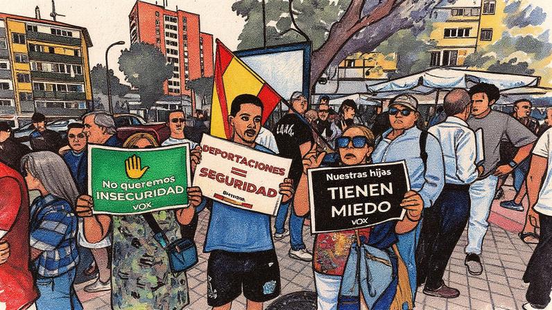 Vários manifestantes se concentram em frente ao Centro de Primeira Acogida em Hortaleza, Madrid (Foto: Reprodução)