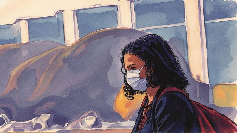 Mulher usa máscara devido à fumaça das queimadas, em um cenário de alta temperatura e baixa umidade (Foto: Reprodução)