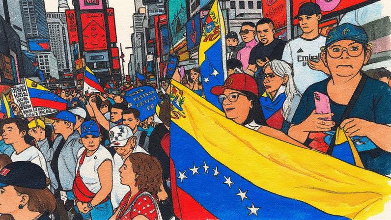 Venezolanos residentes nos Estados Unidos participam de uma protesto em Times Square, Nova York, em julho de 2024 (Foto: Reprodução)