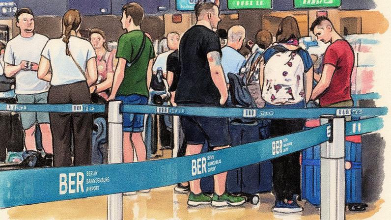 Passageiros fazem fila no aeroporto de Berlim-Brandemburgo Willy-Brandt após interrupções cibernéticas que afetaram os sistemas de check-in e despacho de bagagem (Foto: Reprodução)