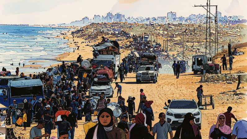 Palestinos deslocados caminham pela via costeira em direção ao sul da Franja de Gaza após ordem de evacuação (Foto: Reprodução)