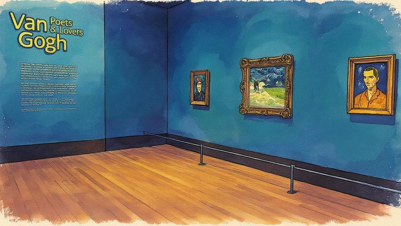 Instalação "Van Gogh: Poets & Lovers" com uma grilo, itens da Louis Vuitton, uma pintura em um pano de prato, um autorretrato em Regent’s Park, o chefe de cassino Steve Wynn e a reinterpretação dos Girassóis (Foto: Reprodução)