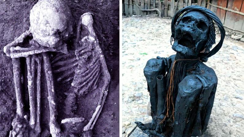 Momia de um homem de meia-idade, datada de mais de 9.000 anos, à esquerda; à direita, momia moderna do povo dani, em Papúa (Indonésia) (Foto: Reprodução)