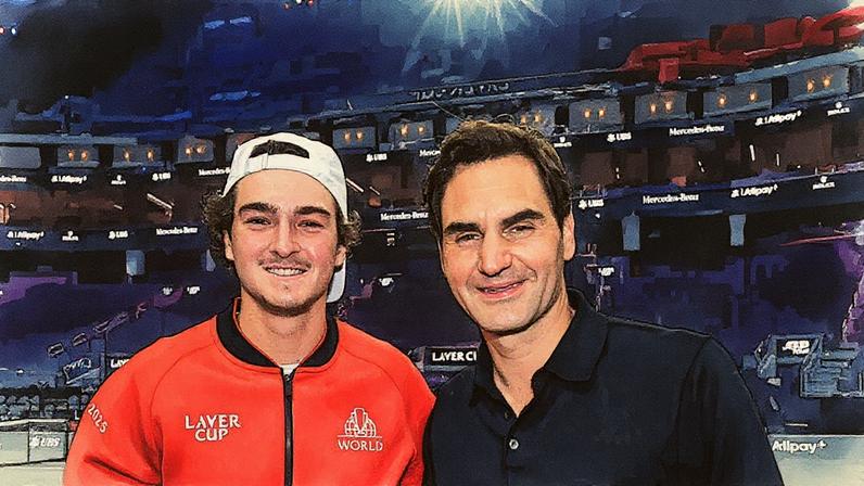 João Fonseca se encontra com Roger Federer antes da estreia na Laver Cup (Foto: Reprodução)