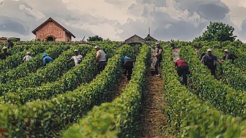 Colhedores de uva trabalham nas vinhas do Château de Meursault na Borgonha (Foto: Reprodução)