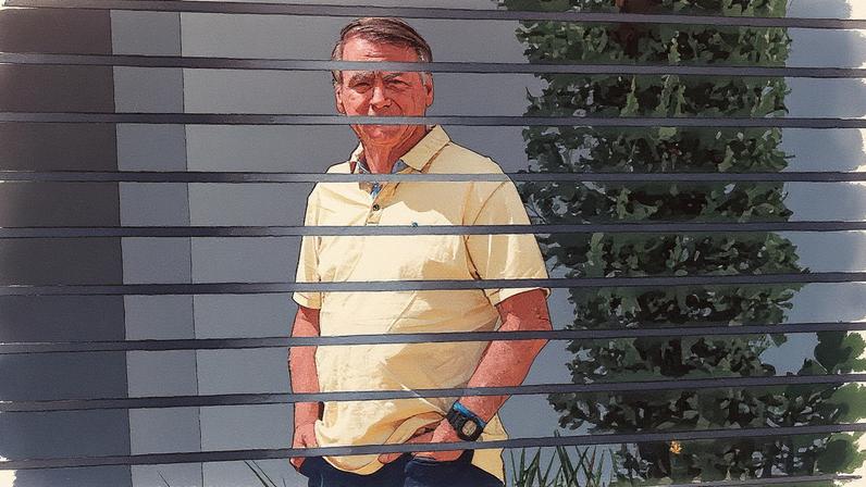 Ex-presidente Jair Bolsonaro em prisão domiciliar na garagem de sua casa durante o segundo dia do julgamento dos atos golpistas de 08 de janeiro (Foto: Reprodução)
