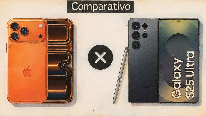 Capa de comparativo entre iPhone 17 Pro Max e Galaxy S25 Ultra (Foto: Reprodução)