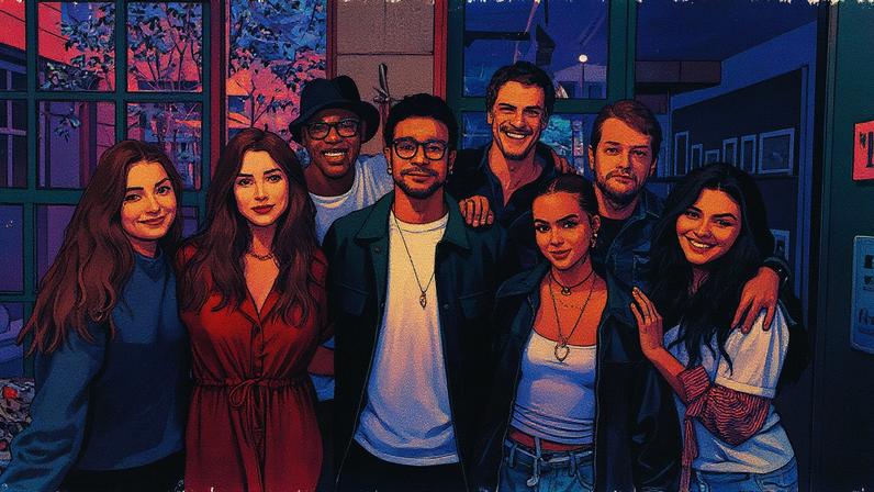 Marina Moschen, Leticia Spiller, Rocco Pitanga, Sérgio Malheiros, Mateus Solano, Mel Maia, Marcelo Serrado e Talita Younan posam juntos para a foto (Foto: Reprodução)