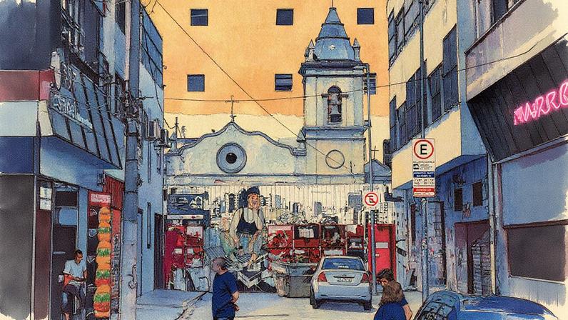 Capela dos Aflitos em um beco sem saída, com céu azul e cabos de fiação elétrica. A capela está bloqueada por um tapume com mural em preto e vermelho, enquanto carros estão estacionados e pessoas observam ao redor (Foto: Reprodução)