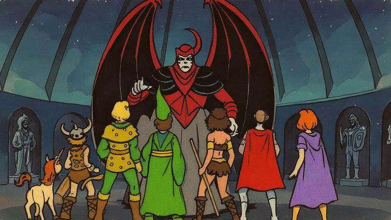 Hank, Sheila, Presto, Eric, Diana e Bobby estão juntos em uma cena do episódio final perdido de Caverna do Dragão (Foto: Reprodução)