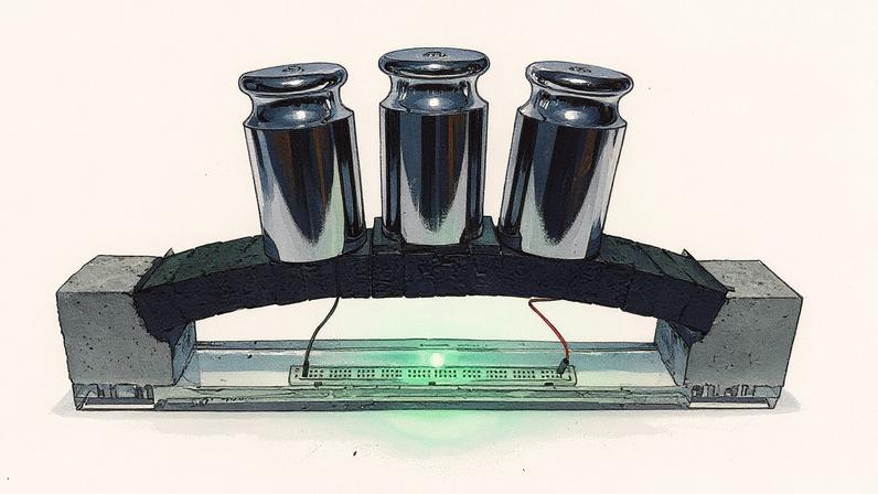 An electron-conducting carbon concrete (ec³)-based arch structure integrates supercapacitor electrodes for dual functionality. The prototype demonstrates both structural load bearing and the ability to power an LED, with the light’s intensity varying under applied load, highlighting the potential for real-time structural health monitoring via the supercapacitor.