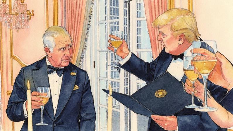 Donald Trump e o príncipe Charles brindam durante jantar na Winfield House, em Londres (Foto: Reprodução)
