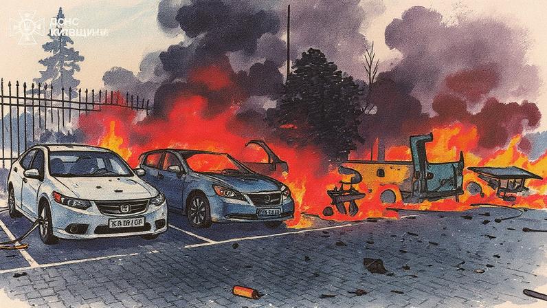 Carros em chamas em estacionamento após ataque aéreo em Kiev, na Ucrânia (Foto: Reprodução)