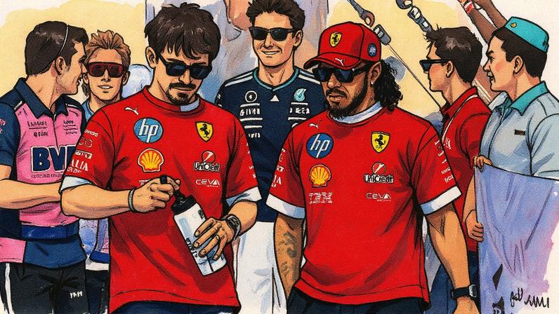 Charles Leclerc e Lewis Hamilton em evento da F1 2025, ambos sem vitórias até o momento (Foto: Reprodução)