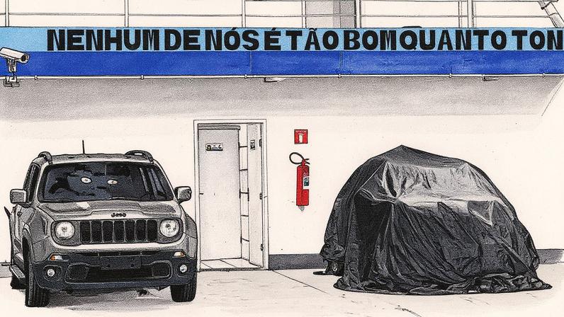 Jeep Renegade, supostamente utilizado por criminosos, ao lado de um Fiat Argo coberto com lona (Foto: Reprodução)