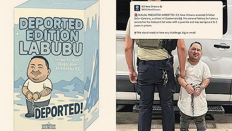 Imagem à esquerda mostra uma criação da Casa Branca, enquanto à direita, uma fotografia da detenção de um homem em Nova Orleans, ambas divulgadas pela Casa Branca (Foto: Reprodução).