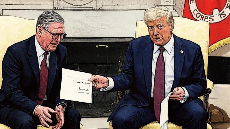 Trump mostra a Starmer, no Despacho Oval, a convite para visitar o Reino Unido enviado por Carlos III (Foto: Reprodução)