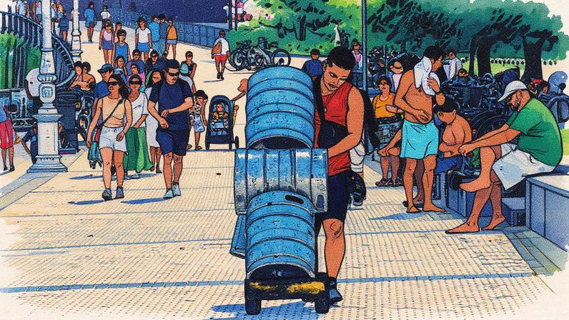 Trabalhador transporta barris durante a onda de calor em San Sebastián (Foto: Reprodução)
