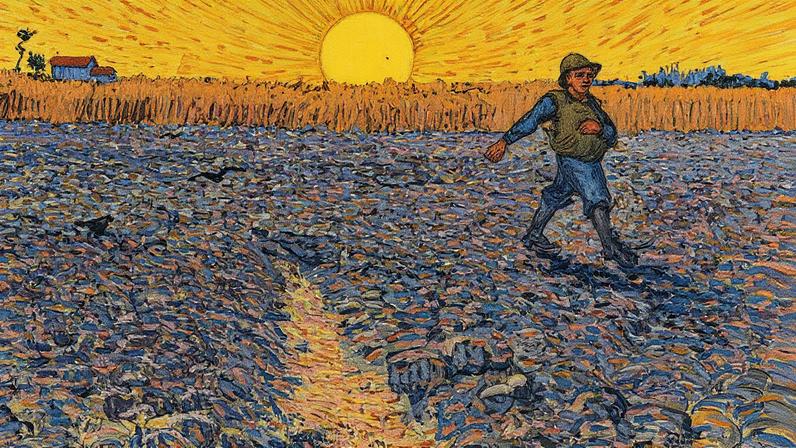 Pintura de um semeador em um campo, com céu azul e nuvens brancas ao fundo (Foto: Reprodução)