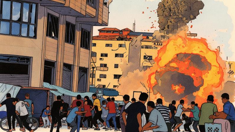 Palestinos fogem de fumaça e chamas enquanto um prédio residencial desmorona após ataque aéreo na Cidade de Gaza (Foto: Reprodução)