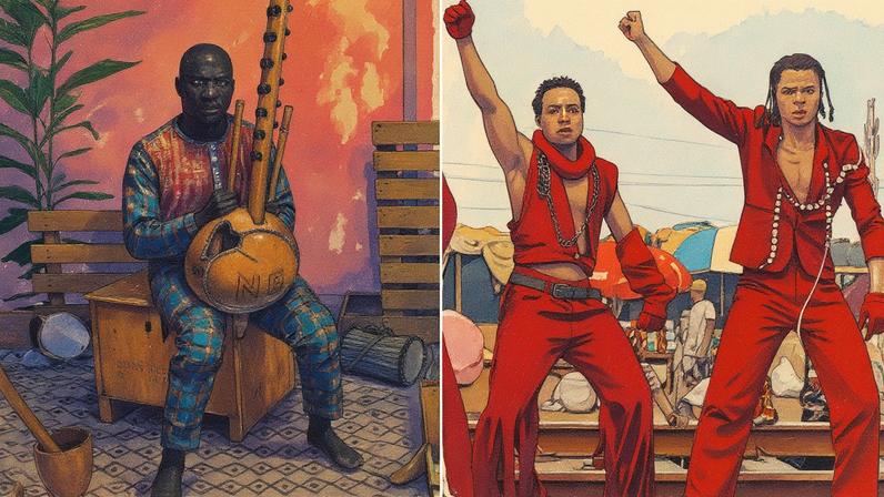 Nino Galissa, da Guiné-Bissau, toca uma harpa Kora de 21 cordas, enquanto uma cena do filme 'O fardo da Nigéria' é exibida ao fundo (Foto: Reprodução)