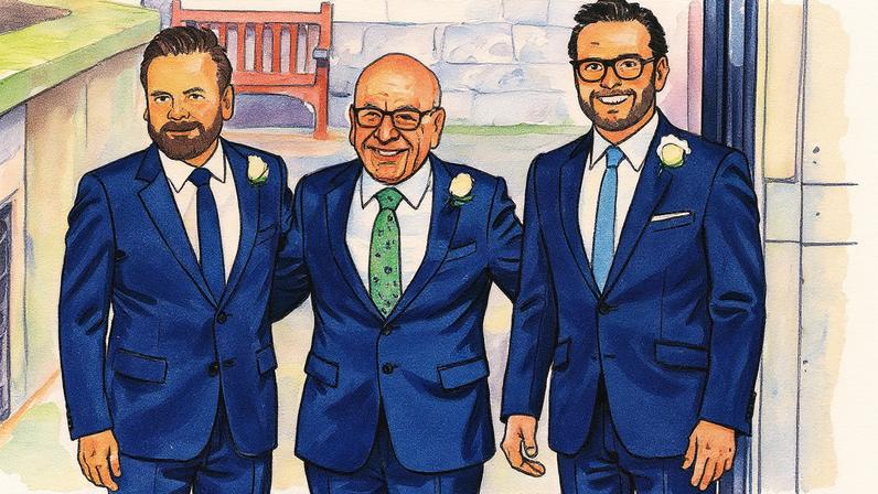Rupert Murdoch está ao centro, flanqueado pelos filhos Lachlan à esquerda e James à direita (Foto: Reprodução)