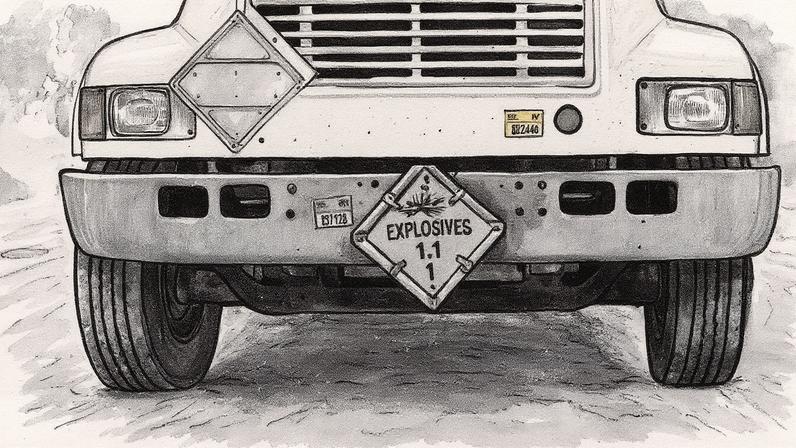 Placa de perigo em caminhão utilizado para misturar químicos e gerar explosivos, com foco na busca por alternativas ao TNT devido ao aumento de preço (Foto: Reprodução)