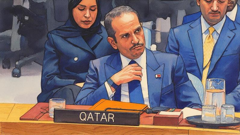 Sheikh Mohammed bin Abdulrahman al-Thani, primeiro-ministro do Catar, fala ao conselho sobre Israel, referindo-se a seus líderes como "extremistas barulhentos" (Foto: Reprodução)