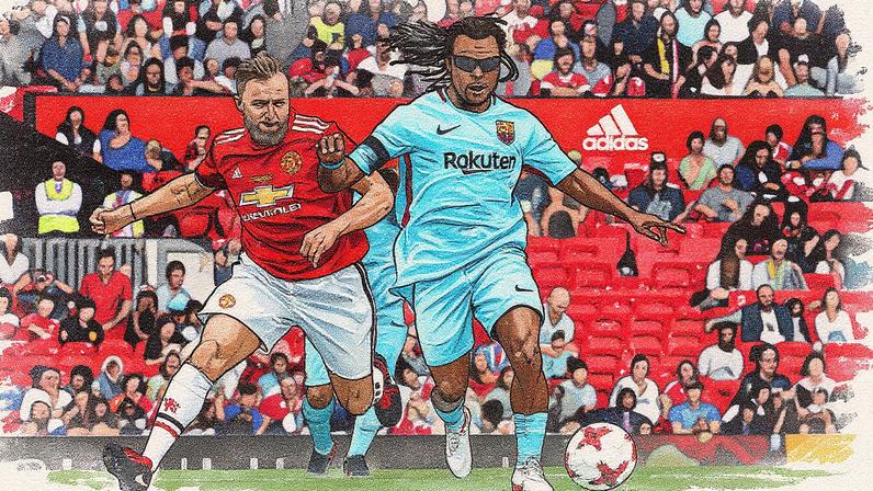 Karel Poborsky e Edgar Davids em ação durante partida beneficente entre lendas do Manchester United e Barcelona no Old Trafford (Foto: Reprodução)