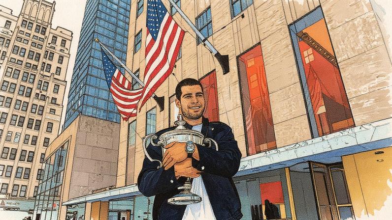 Carlos Alcaraz posa com o troféu em frente ao Rockefeller Center, em Nova York (Foto: Reprodução)
