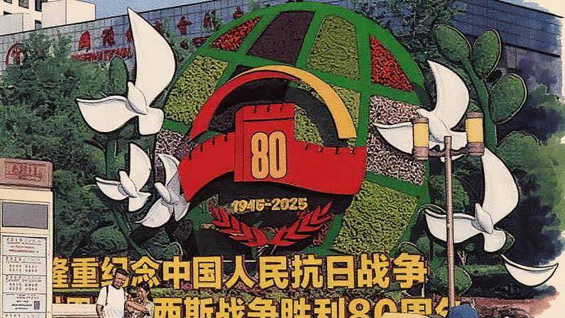 Mulher tira uma selfie ao lado de uma decoração floral em homenagem ao 80º aniversário da rendição do Japão na Segunda Guerra Sino-Japonesa e ao final da II Guerra Mundial (Foto: Reprodução)