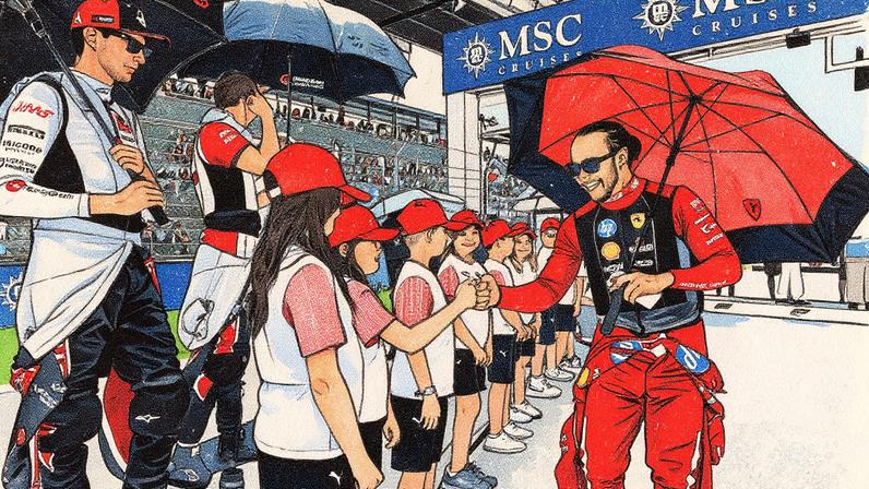 Lewis Hamilton cumprimenta grid kids no GP da Áustria de Fórmula 1 em 2025 (Foto: Reprodução)