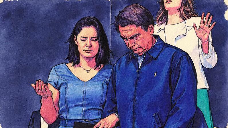 Ex-presidente Jair Bolsonaro e ex-primeira-dama Michelle Bolsonaro durante culto (Foto: Reprodução)