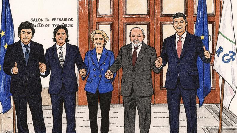 Presidenta da Comissão Europeia, Ursula von der Leyen, ao lado de Lula e outros chefes de Estado do Mercosul durante a assinatura de acordo entre os blocos (Foto: Reprodução)